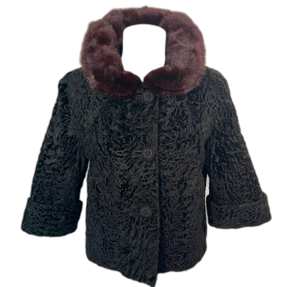 Vintage Black Persian Lamb Coat with Brown Mink Collar – Evans Furs Chicago - Picture 2 of 9